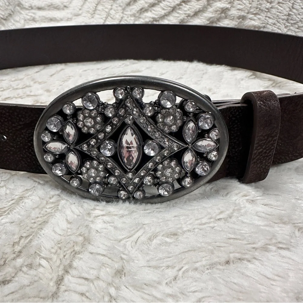 Brown vegan leather western Concho rhinestone oval buckle festival boho belt